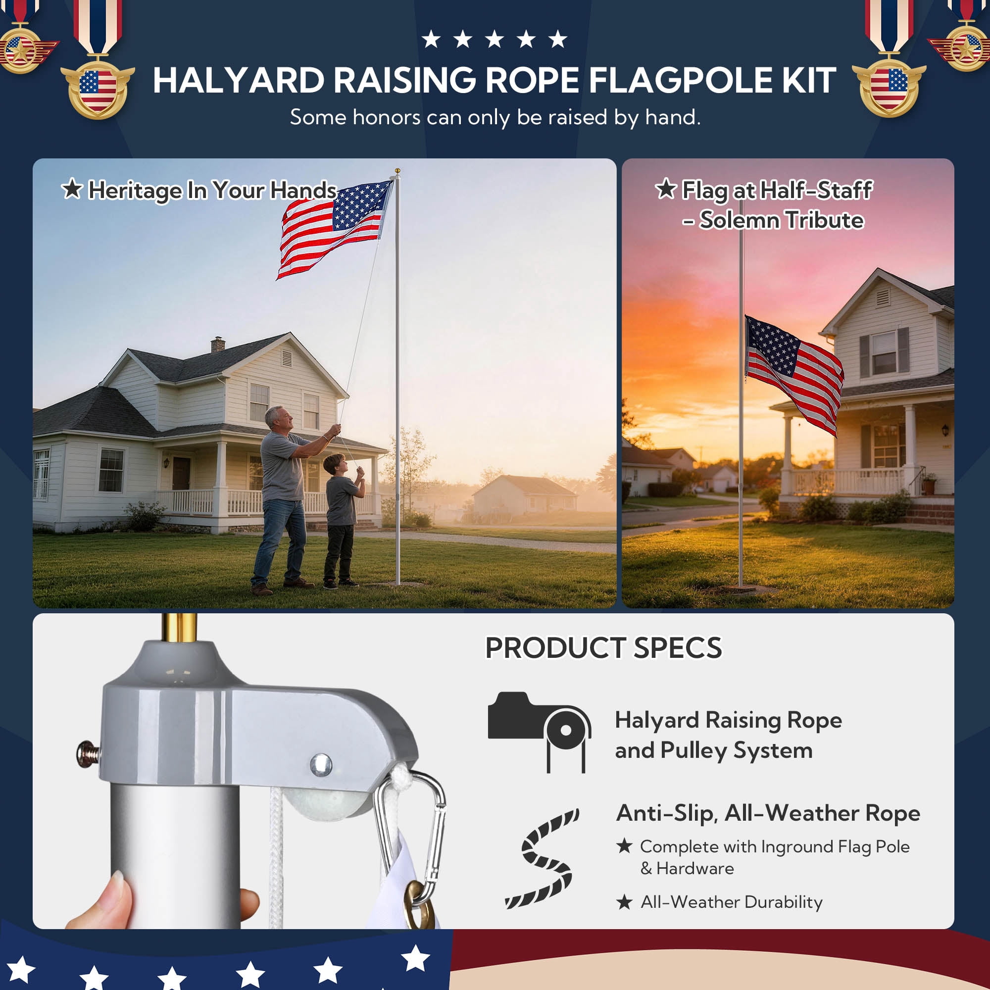 Yescom Bravery 20ft 13 Gauge Thicken Sectional Flag Pole Kit for Outside House with USA Flag Top ,Sliver