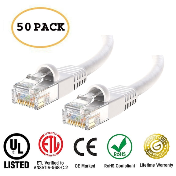 Huetron™ 50-Pack Cat 6 Ethernet Cable Cat6 Snagless Patch 3 Feet - Computer LAN Network Cord, WHITE