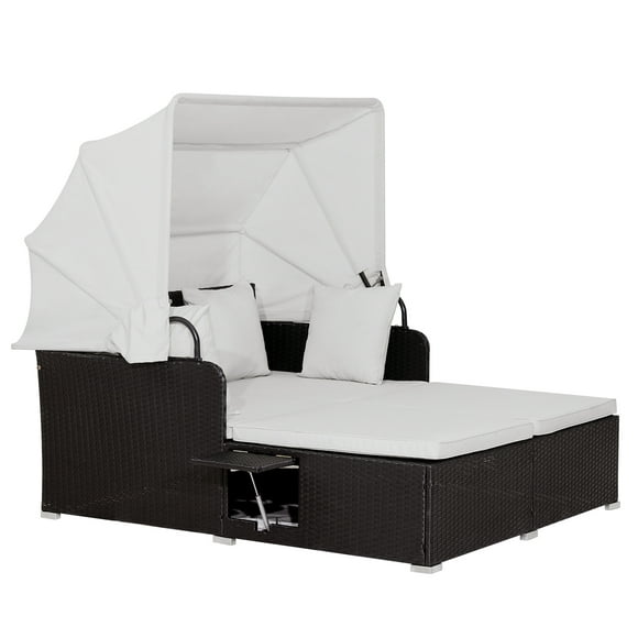 Topbuy Outdoor Daybed with Retractable Canopy PE Rattan Sunbed with Soft Cushions & Pillows 2 Folding Side Trays Off White