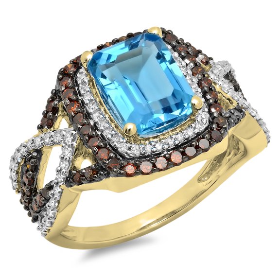Dazzlingrock Collection 14K Emerald Blue Topaz & Round Champagne & White Diamond Engagement Ring, Yellow Gold, Size 7.5