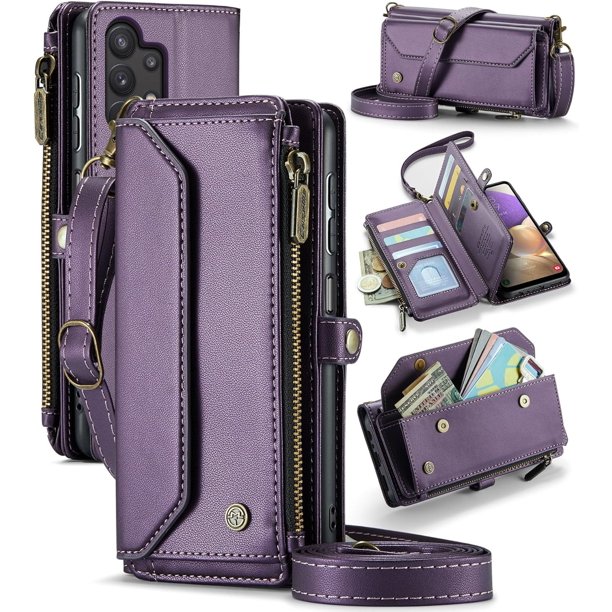 funda billetera para Samsung Galaxy A32 con Protección RFID, Ranuras para tarjetas, Pata de Cabra, Correa Desmontable-Funda para teléfono tipo Bandolera con Tapa de Cuero PU a prueba