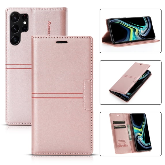ELEHOLD for Samsung Galaxy S23 Ultra Case Wallet Case, Luxury Retro PU Leather TPU Inner Magnetic Card Slots Cash Pokcet Kickstand Wear-Resisitant Shockproof Flip Business Case, Rosegold