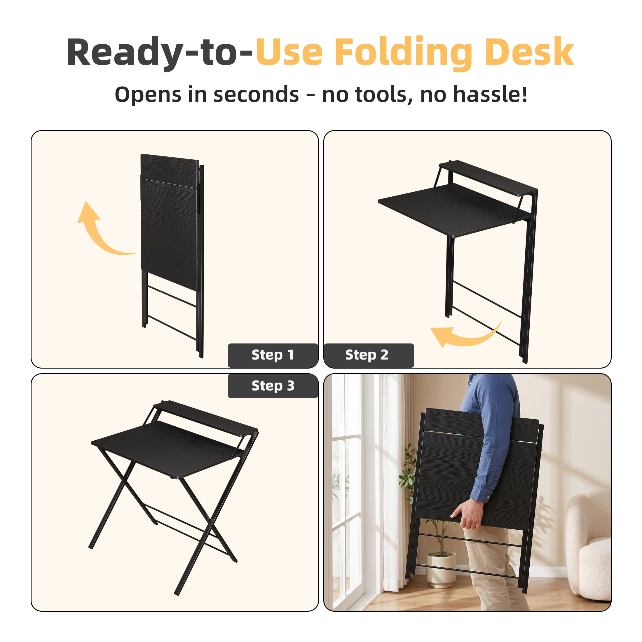 EDX Small Folding Desk with Shelf, No Assembly 2-Tier Compact Computer Table, Portable Study Workspace for Bedroom, Home Office, Black