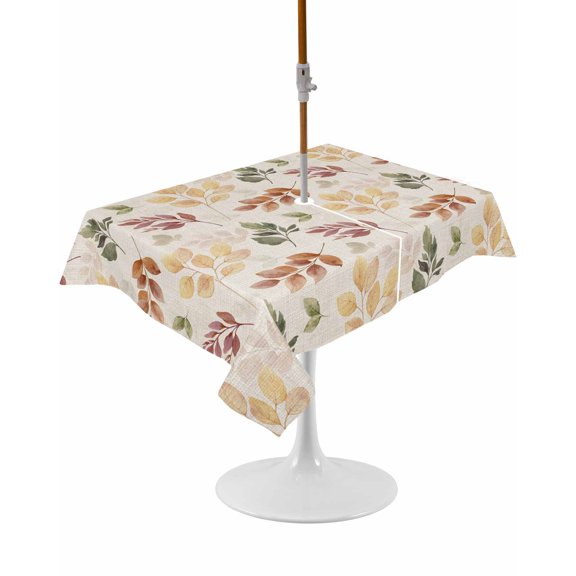 Outdoor Table Cloth with Umbrella Hole and Zipper, Orange Green Yellow Botanical Waterproof Rectangle Tablecloth 60"x102", Fall Maple Leaf Rustic Washable Table Cover for Outside Party Patio Picnic