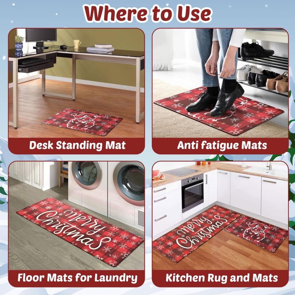 Cekene Anti Fatigue Kitchen Mat Set of 2 Christmas Memory Foam Thick  Cushioned Rugs for Kitchen Non-Slip Standing Mat 17×28 and 17×47  Waterproof