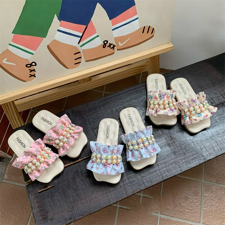 JDEFEG Toddler Slippers Size 6 Children Slippers Fashion Floral Ruffle Pearl Flat Bottom Flip Flop Fashion Beach Slippers Girls Slip On Sandals Beige