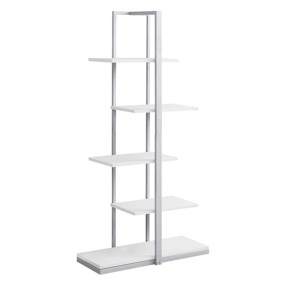 JERFIT 5 Tier Industrial Bookshelf, 60" Tall Modern Bookcase with Asymmetrical Shelves, White MDF & Metal Frame, Freestanding Storage Rack for Living Room, Office, Bedroom