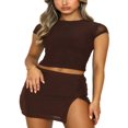 thumbnail image 1 of Women‘s Short Skirts Outfits  Ripple Pattern/Solid Color Short Sleeve Tops + High Waist Elastic Skirts Set, 1 of 6