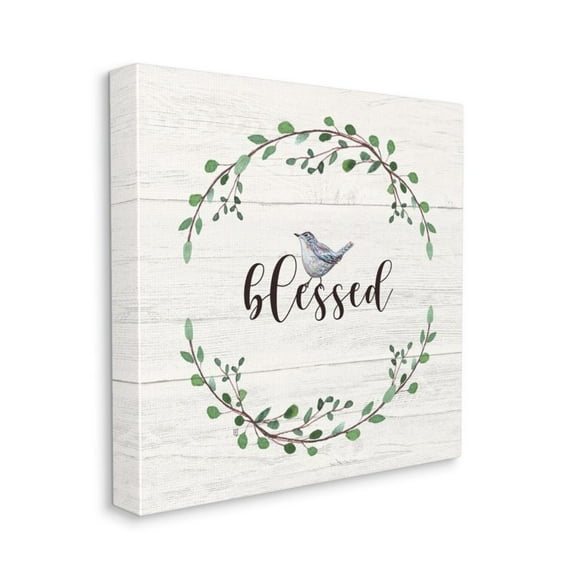 Charming Blessed Phrase Blue Bird and Wreath Religious Gallery-Wrapped Canvas Print Wall Art, 17x17