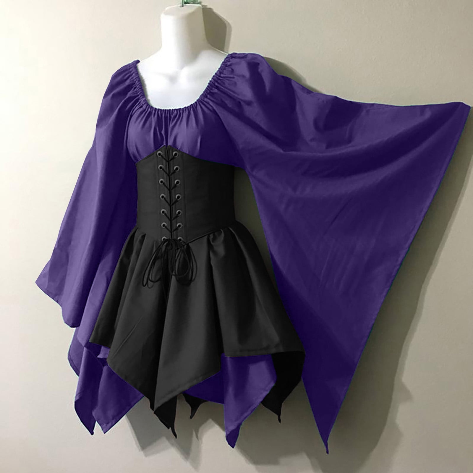 Hkejiaoi Sales Clearance Womens Dress Women Costumes Gothic Retro Long Sleeve Corset Dresses Long Sleeve Round Neck Knee High Dress Purple Purple