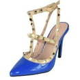 thumbnail image 2 of Forever Shoes Women Stiletto High Heels Pointy Toe Studded Pumps Ankle Strap Two Tone Biege Gold Accent STUDS-03 Royal Blue 7, 2 of 4