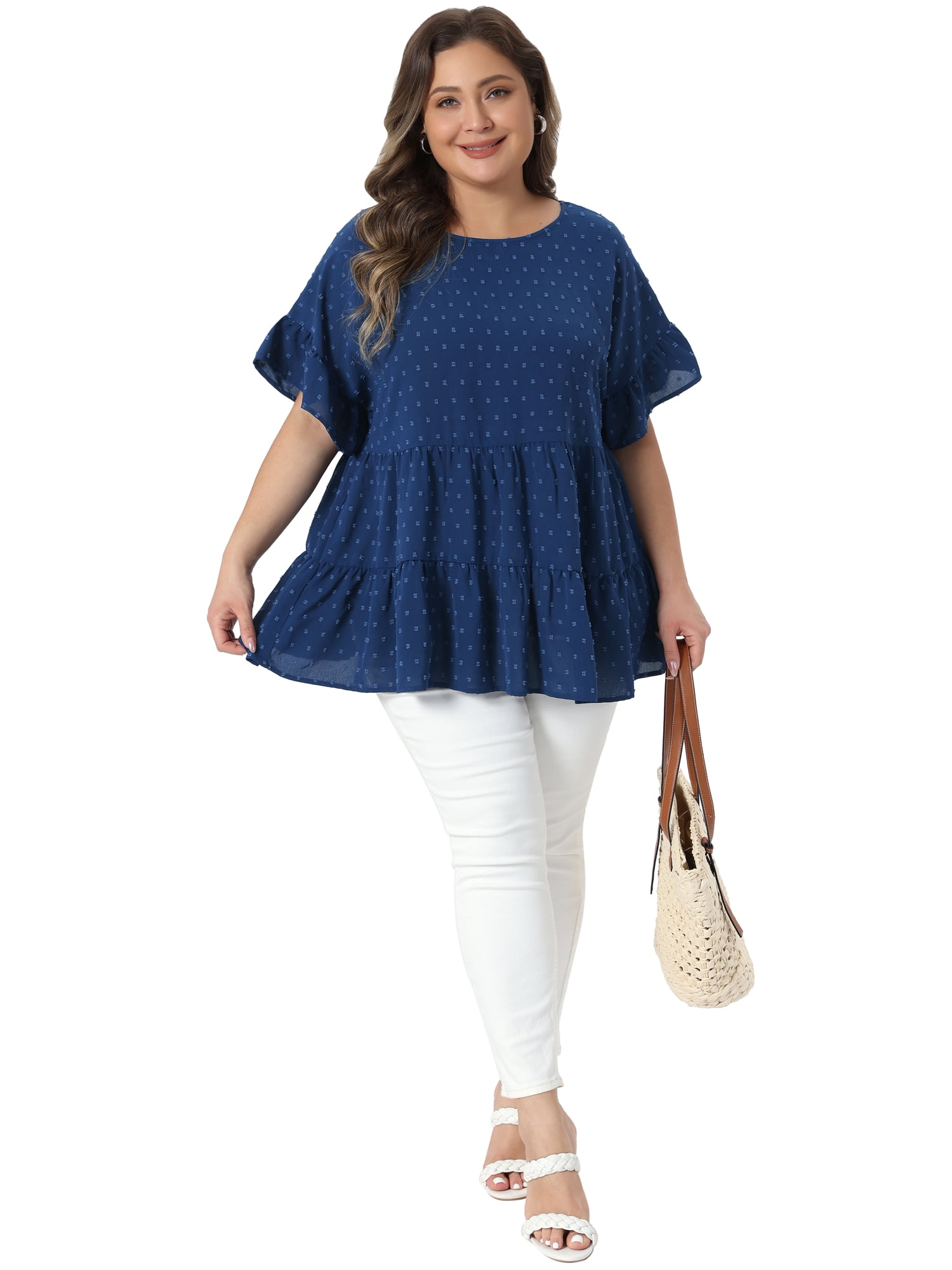 Women's Plus Summer Tops Crew Neck Ruffle Short Sleeve Tiered Swiss Dots Blouses 4X Dark Blue
