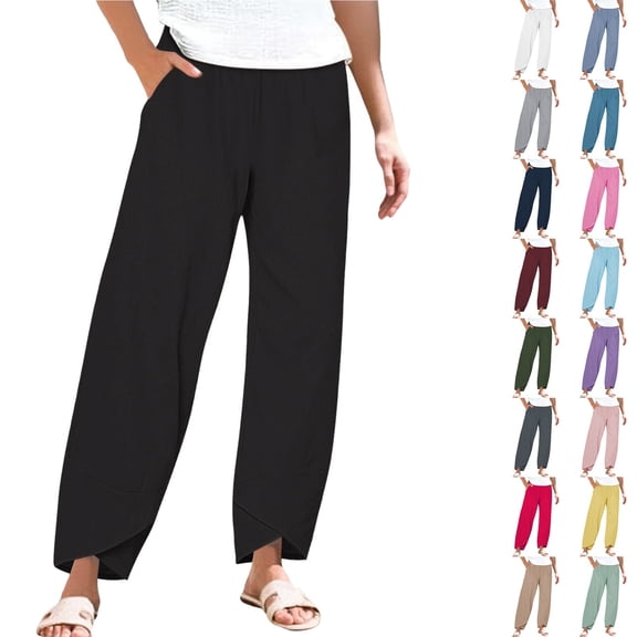 YVNAURA Women Linen Harem Pants Wide Leg Palazzo Boho Casual Pants with Pockets Elastic High Waist Drawstring Loose Fit Baggy Summer Beach Travel Lounge 2026, Black,L