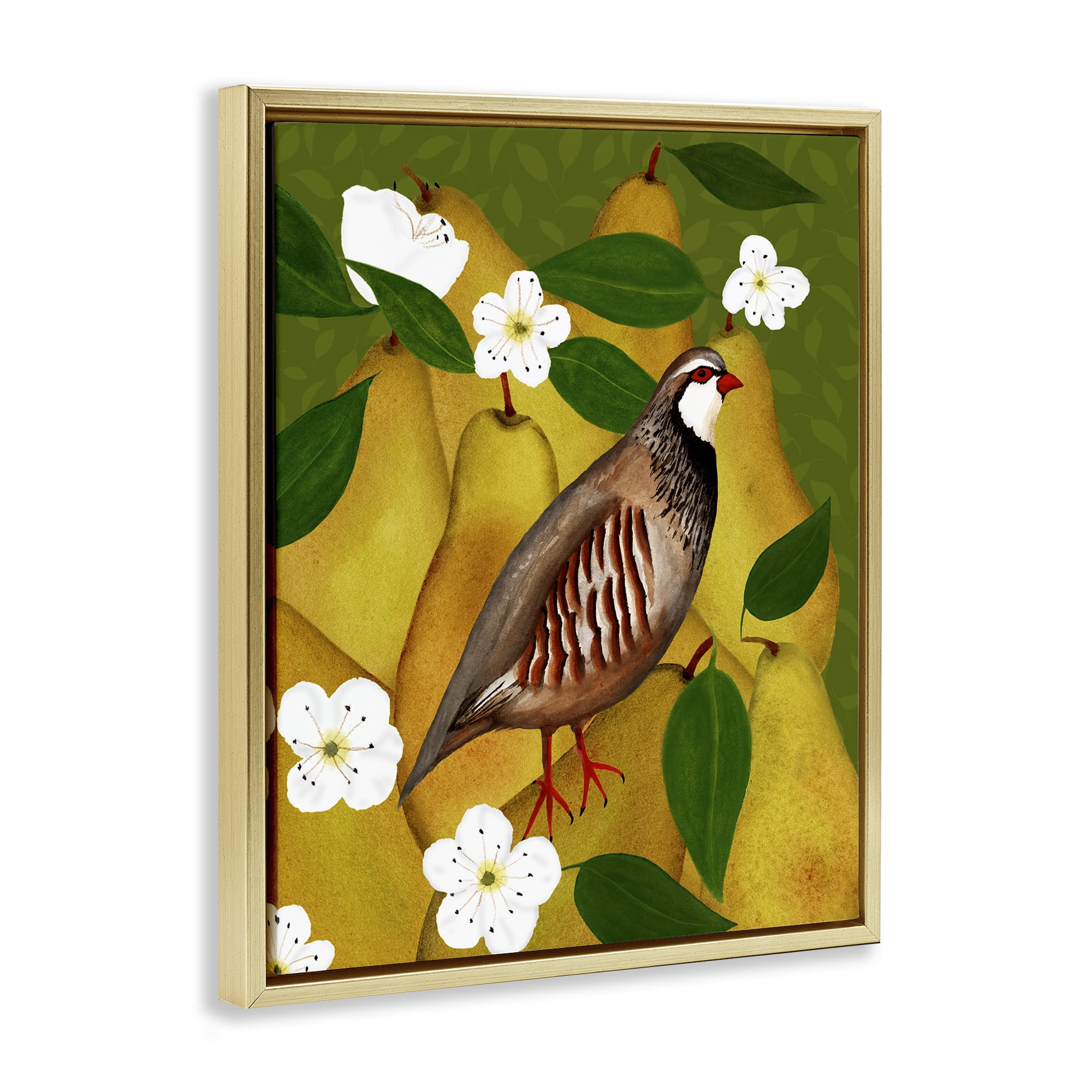 Stupell Industries Partridge Bird & Pears Food & Beverage Painting Gold Floater Framed Canvas Art Print Wall Art, 17 x 21