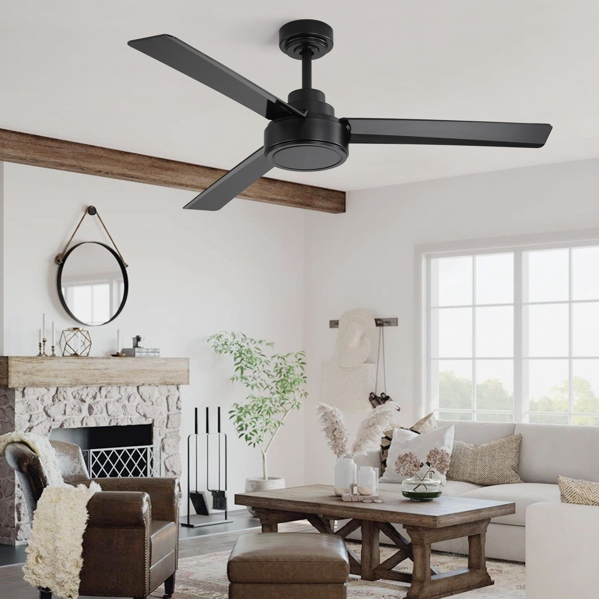 52" Outdoor Ceiling Fan Without Light, 3 ABS Blades Farmhouse Design Ceiling Fan with Remote Control, 6-Speed Reversible DC Motor, Damp Rated for Covered Porch, Patio, Bedroom, Living Room, Kitchen