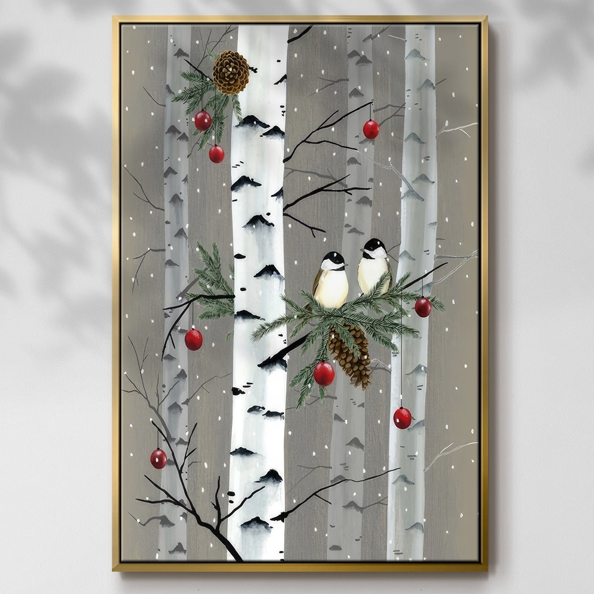 Birch Birds I - Framed Gallery Wrapped Holiday Canvas - 27 x 41 - Gold Frame