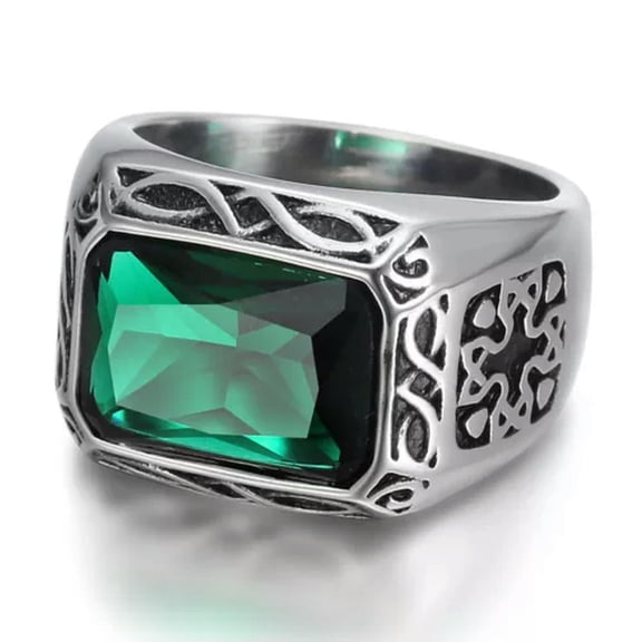 QQTDFG Signet Ring for Men's Stainless Steel Vintage Square Green Stone Biker Band Gift-9