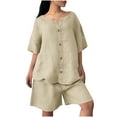 thumbnail image 6 of QATAINLAV Cotton Linen 2 Piece Outfits for Women Plus Size Loose Summer Lounge Set Casual Button Short Sleeve Tops and Bermuda Shorts Vacation Clothes Beige XXL, 6 of 10
