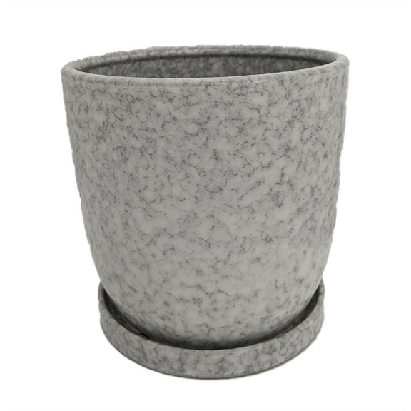 Marbled Ceramic Egg Pot with Attached Saucer - 5.25" x 5"