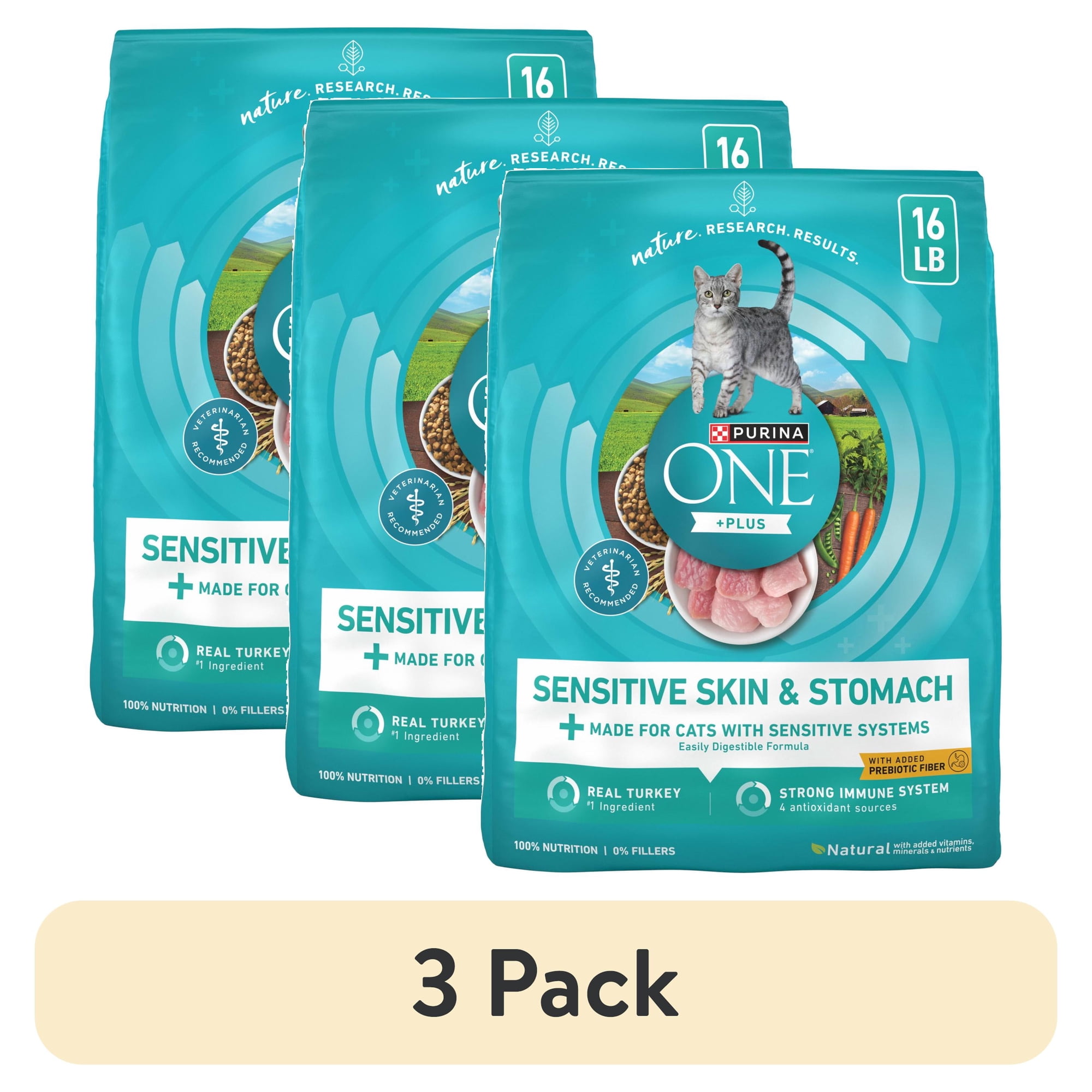 (3 pack) Purina ONE Plus, Sensitive Skin & Stomach, Dry Cat Food, Turkey, 16 lb Bag