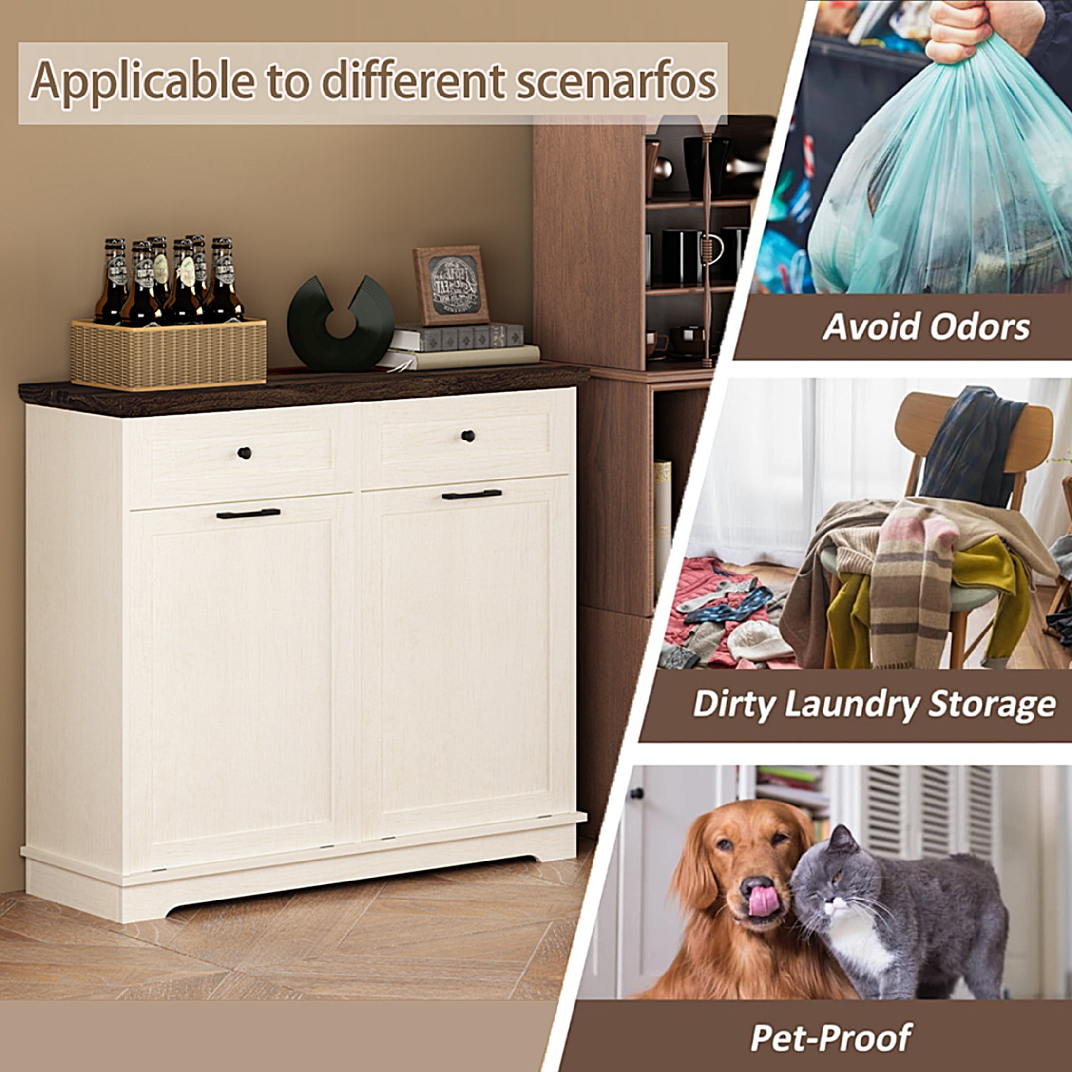 Noble House Double Tilt Out Trash Cabinet, 20 Gallon Freestanding Garbage Bin Holder with Drawer, Antique Brown & White