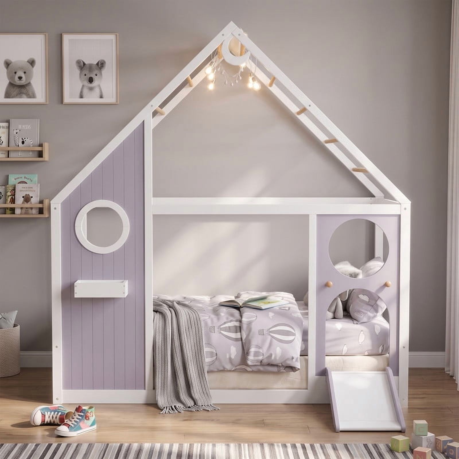 Twin Size Kids House Bed with Small Slide, Wooden Playhouse Floor Design Platform Bed Frame with Light Strip & Storage Shelf
