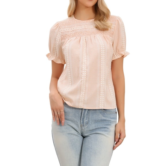 INSPIRE CHIC Gingham Peplum Tops for Women's Smocked Short Puff Sleeve Crew Neck Summer Cute Plaid Blouses XS Pink