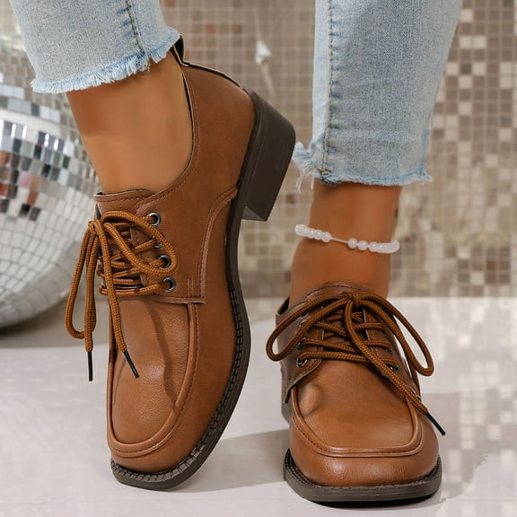 Viluyesy Womens Oxford Shoes, Chunky Heels Lace-Up Comfortable Casual Dressy Business Leather Loafers Brown US6