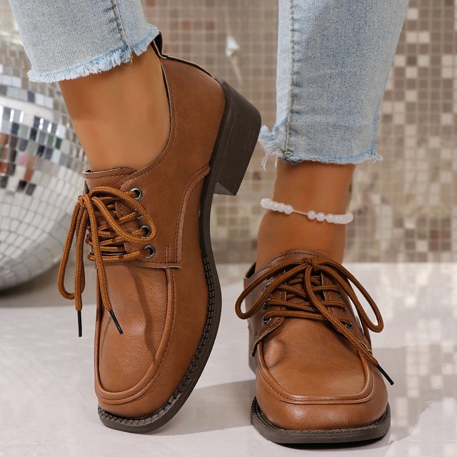 Xucatan Women's British Style Leather Loafers, Fashion Lace-Up Low Top Shoes with Mid Heel, Comfortable Casual & Dressy Oxfords for Women Gift