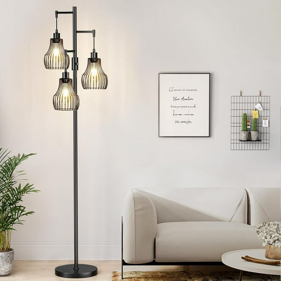 Black Floor Lamp, Dimmable Industrial Gold Floor Lamp Farmhouse Floor Lamps for Living Room with Cages 70'' Tall Lamp Modern Floor Lamp Standing Lamp for Bedroom Office Living Room 3 LED Bulbs