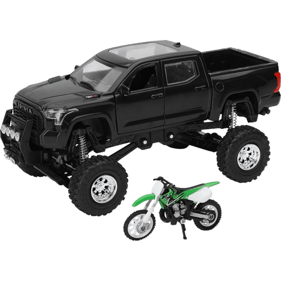 NEW RAY TOYS Toyota Tundra Off Road Pick Up w/ Kawasaki Dirt Bike - 1:32 Scale - Black/Green SS-54446