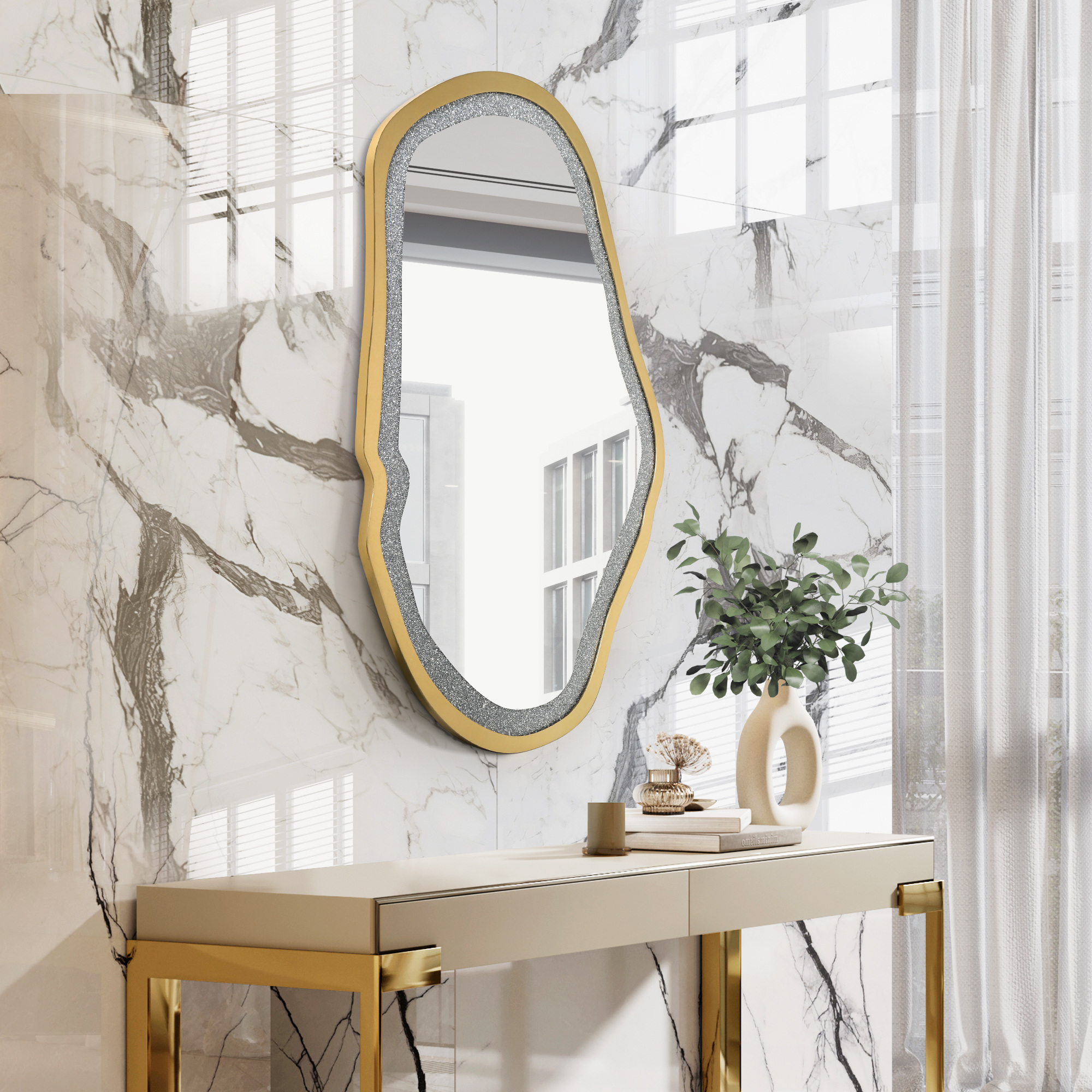 LNC 32.5"x47.2" Irregular Gold Wall Mirror with Rhinestone Inlay for Bedroom or Hallway