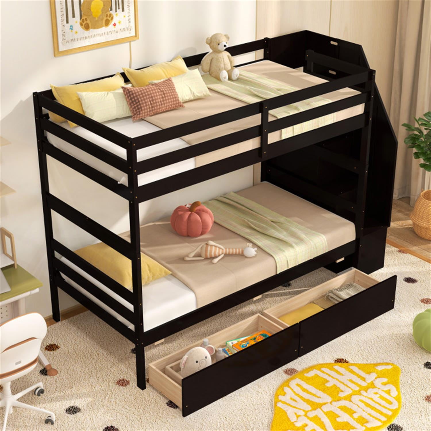 Demi Bonn Twin Over Twin Bunk Bed with Storage Stairs and Drawers, Solid Wood Bunkbeds Frame for Bedroom, No Box Spring Needed, Brown