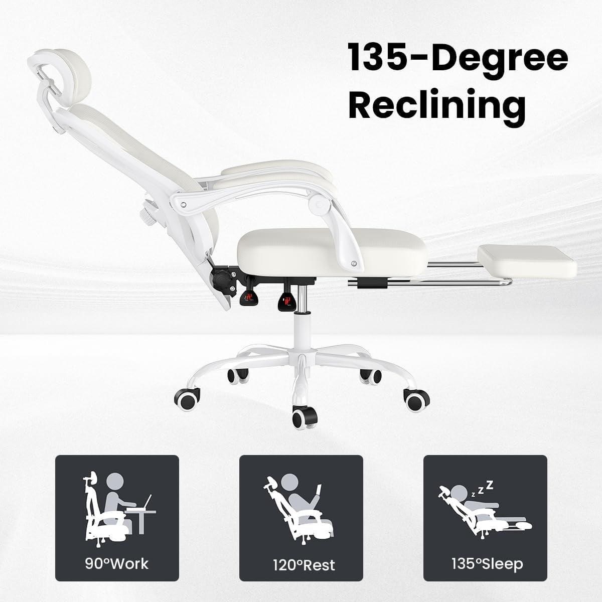 STARY Ergonomic Office Chair with Footrest, High Back Mesh Desk Chair with Adjustable Headrest & Lumbar Support, Comfortable Computer Chair for Home Office Study, White & Beige