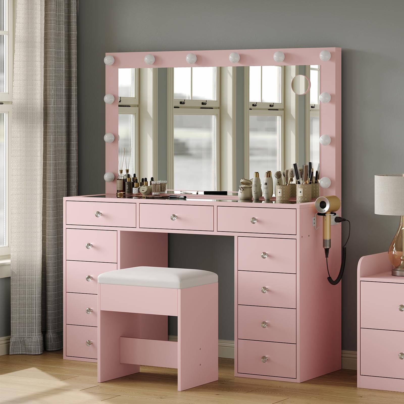 Pink Vanity Desk with Illuminated Mirror & Power Outlet, 11 Drawers Vanity Table with Chair, Makeup Vanity with 12 LED Lights, Tempered Glass Top, Dressing Table for Bedroom,Dressing Room