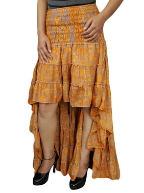 Mogul Womens Vintage Silk Sari Printed High Low Flare Tiered Ruffle Flirty Skirt