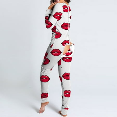

PEONAVET Merry Christmas Women s Sexy Butt Button Back Flap Jumpsuit V Neck Long Sleeve Romper Bodycon Pajamas Onesies Christmas Gifts For Women