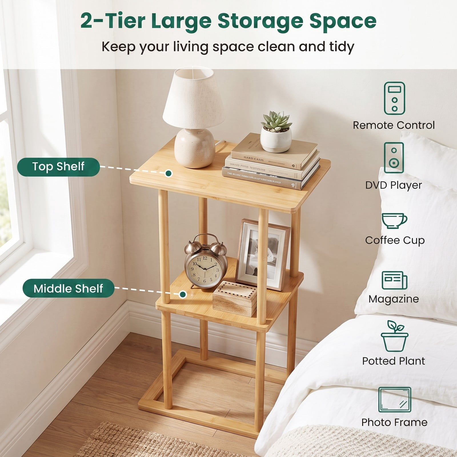 Furnibear 2-Piece Bamboo Side Table Set with Storage Shelves, 2-Tier End Table Nightstand for Living Room Bedroom Home Office, Rectangular Sofa Couch Accent, Natural