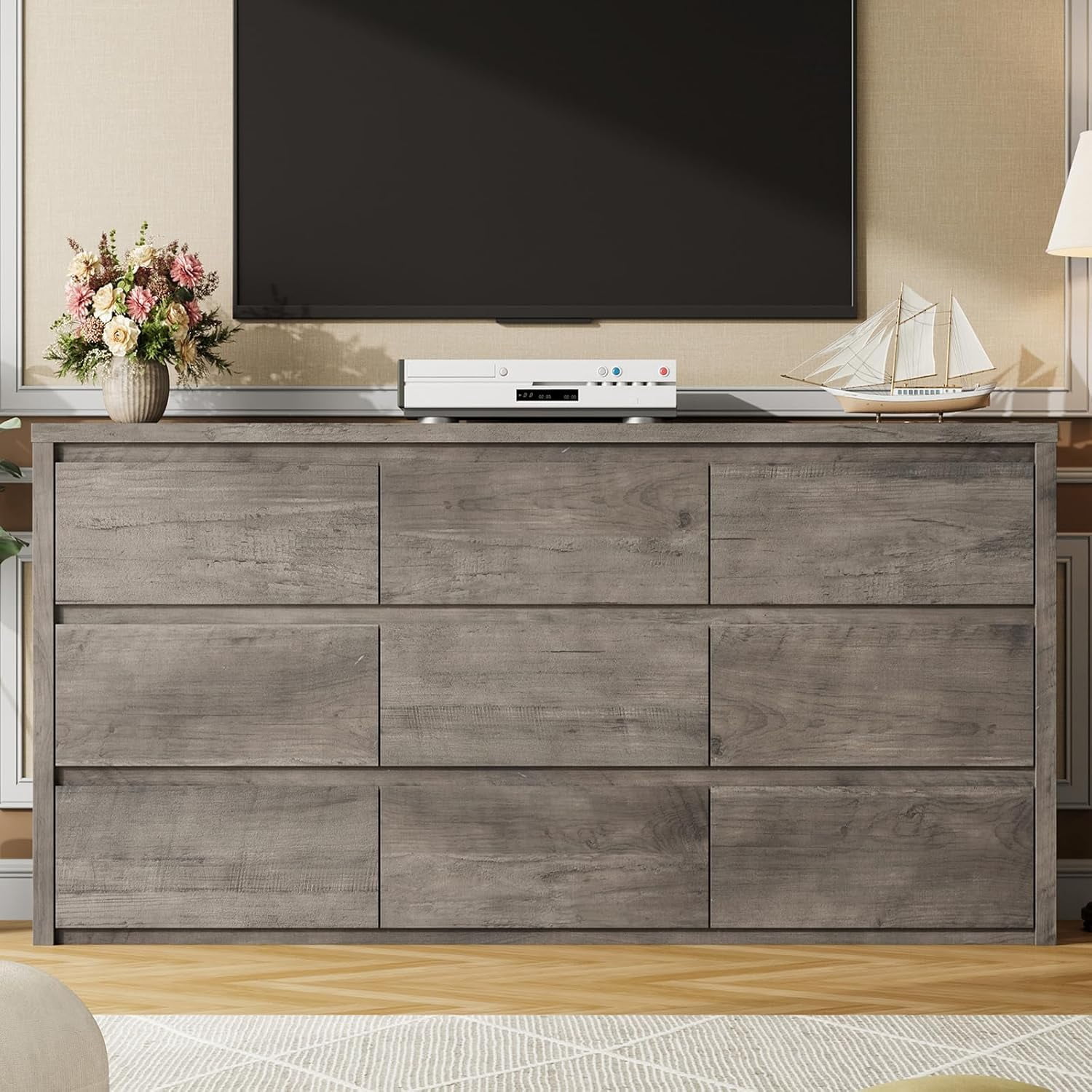 Modern 9 Drawer Dresser for Bedroom, Wide Wooden Chest, Large Storage Organizer, Versatile Furniture for Living Room Hallway Entryway - Gray