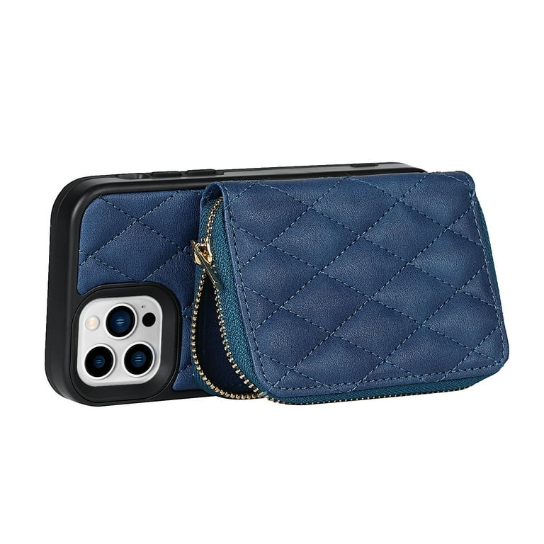 Allytech Crossbody Wallet Case for iPhone 13 Pro, Quilted PU Leather Zipper  Handbag Purse Flip Kickstand Folio Card Slots Holder Wrist Strap Lanyard  Cover for iPhone 13 Pro 6.1, Blue 