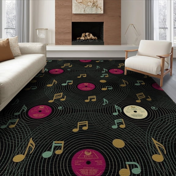 ODIKA 8'x10' Washable Area Rug Vinyl Vintage Disc Music Note Groove Cd Shaped Round Shape Record Flowing for Living Room, Under Sectional, Family , Durable, Non-Slip