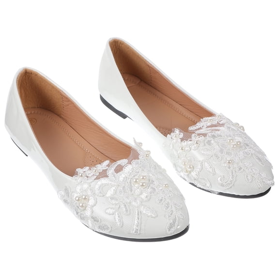 Tineasur 1 Pair Handwork Wedding Shoes Elegant Lace Flats for Women Daily Life White