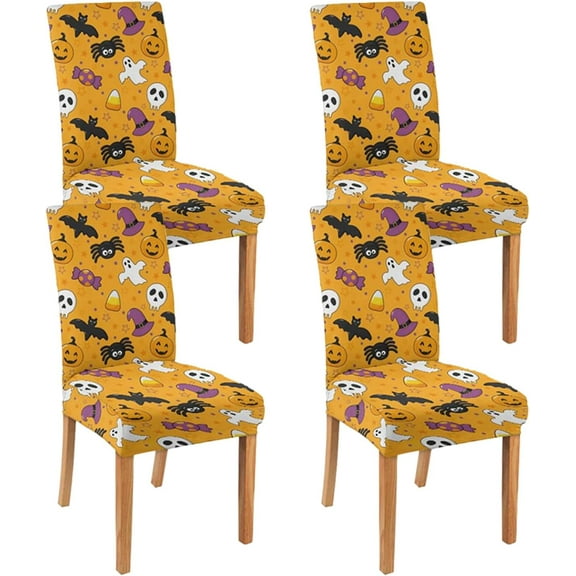 4 Pcs Halloween Dining Chair Covers, Cute Ghost Cartoon Pumpkin Skull Gothic Horror Stretch Removable Washable Seat Slipcovers, Spooky Kitchen Dining Room Hotel Decor