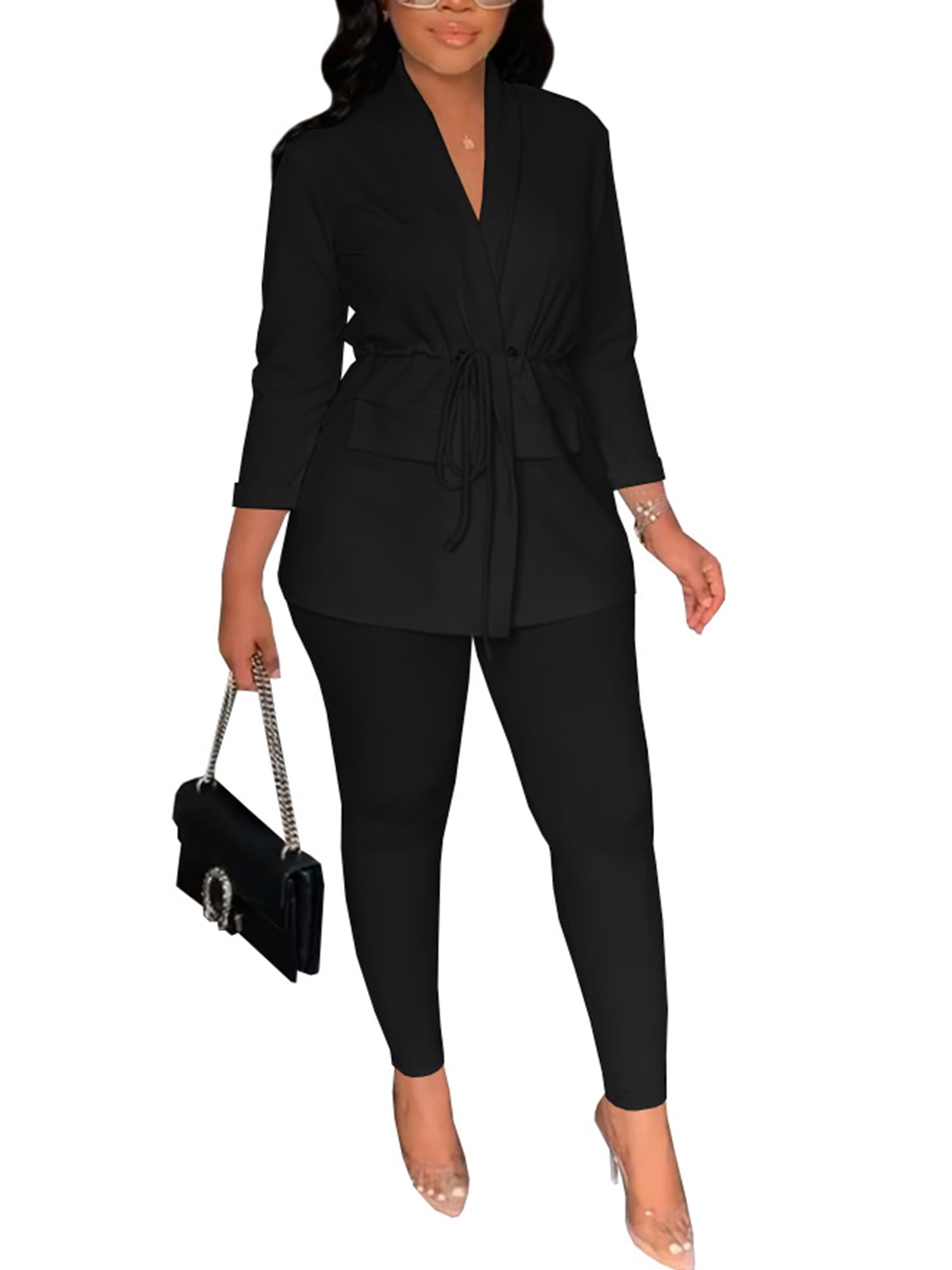 Glonme Women Blazer Set Long Sleeve Two Pieces Outfit Lapel Business