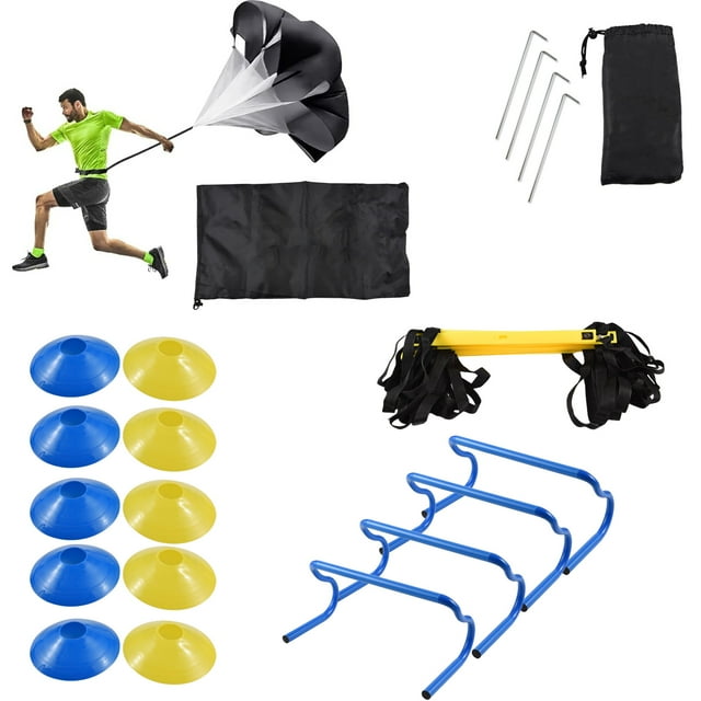Agility Training Kit for All Levels: Includes Agility Ladder, 4 Stakes, 4 Hurdles, 10 Disc Cones, Running Parachute & 2 Storage Bags – Plastic Material, 42x20x14.8cm Package, 2570g Weight – Perfect