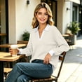 thumbnail image 3 of MecTo Women's Herringbone Knit Polo Sweater V Neck Long Sleeve Casual Fall Pullover, 3 of 9