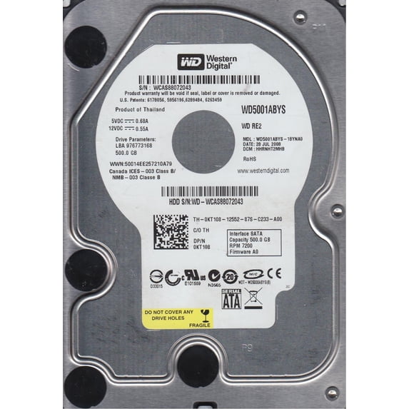 WD5001ABYS-18NA0, DCM HHRNHT2MHB, Western Digital 500GB SATA 3.5 Hard Drive