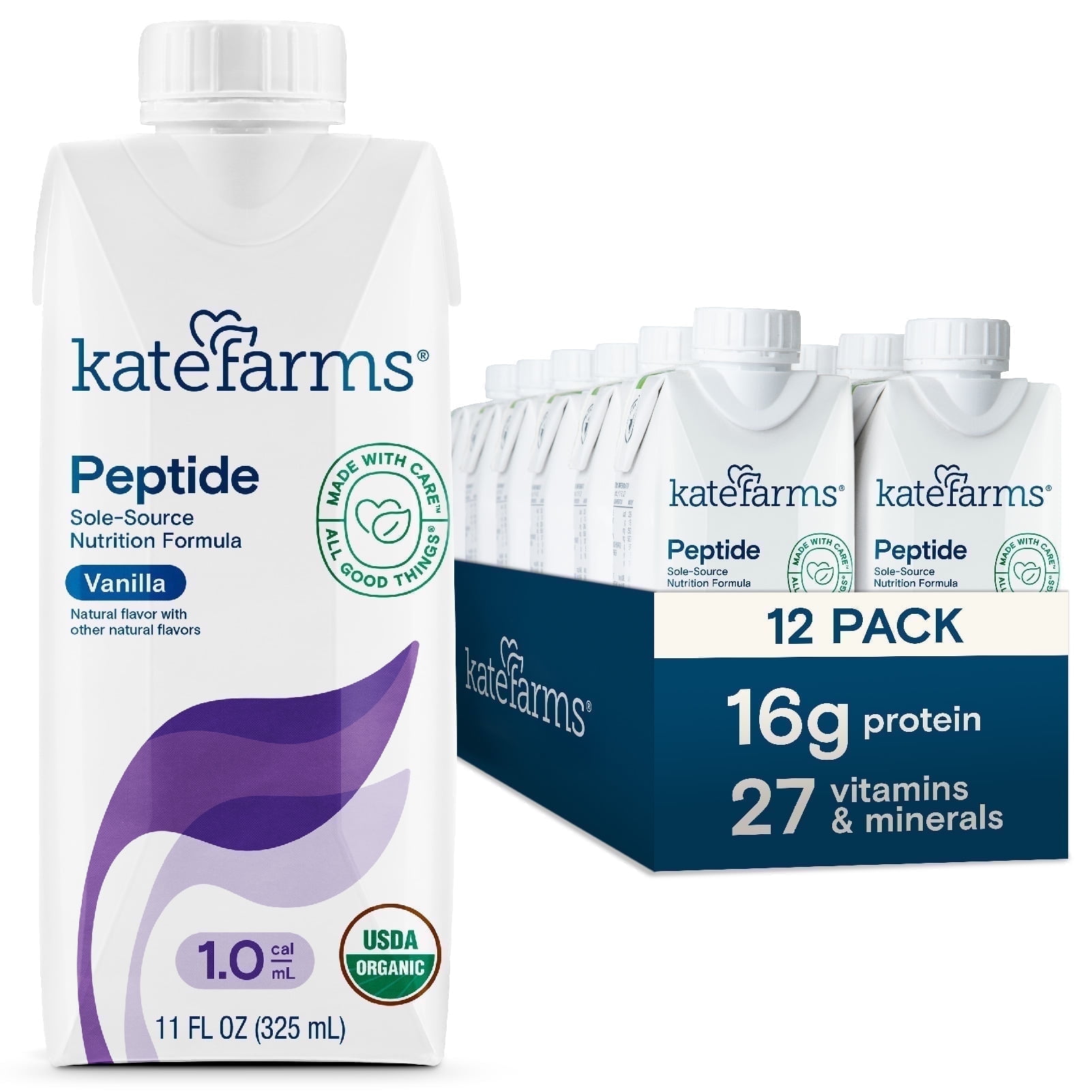 Kate Farms Organic Vegan Peptide 1.0, Vanilla, Meal Replacement Shake for Adults, 11 fl oz (12 Pack)