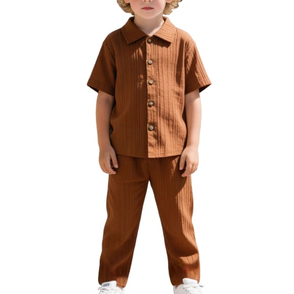 BFHHYA Boys 2 Piece Summer Outfits Short Sleeve Collar Button Down Shirt Straight Leg Pants Sets Casual Clothing Sets 1-8 Years