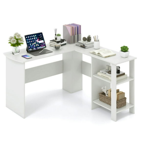 Spaco Large Modern L-shaped Computer Desk with 2 Cable Holes and 2 Storage Shelves-White, Office Desk, Gaming Computer Desks for Study,Working,Writing